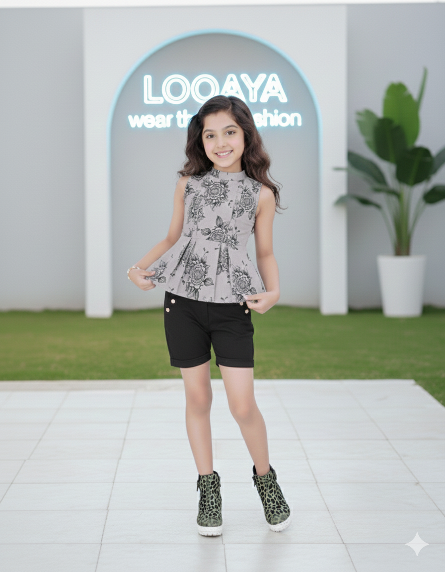 Sleeveless Peplum Top and Black Shorts Set