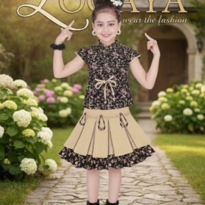 Designer Floral Print Girls’ Boutique Outfit - 2-Piece Set with Layered Pleated Skirt